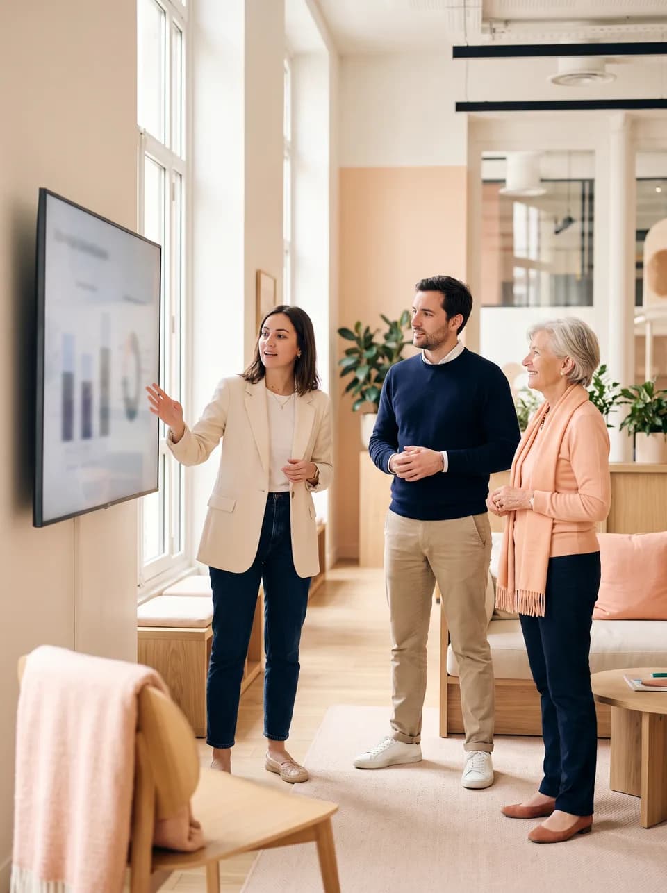 Trois collègues devant un tableau de bord mural