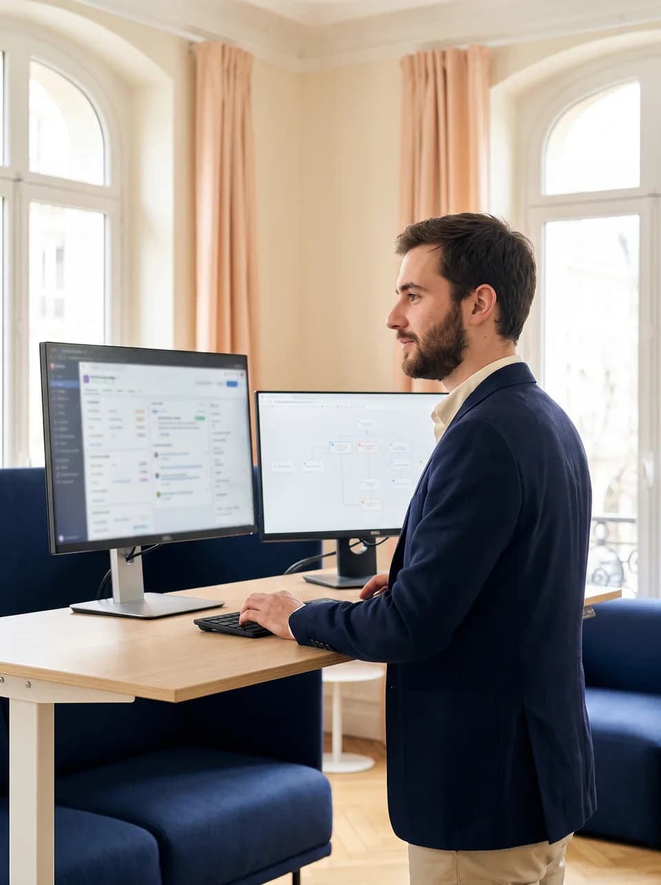 Un développeur configure un CRM sur deux écrans