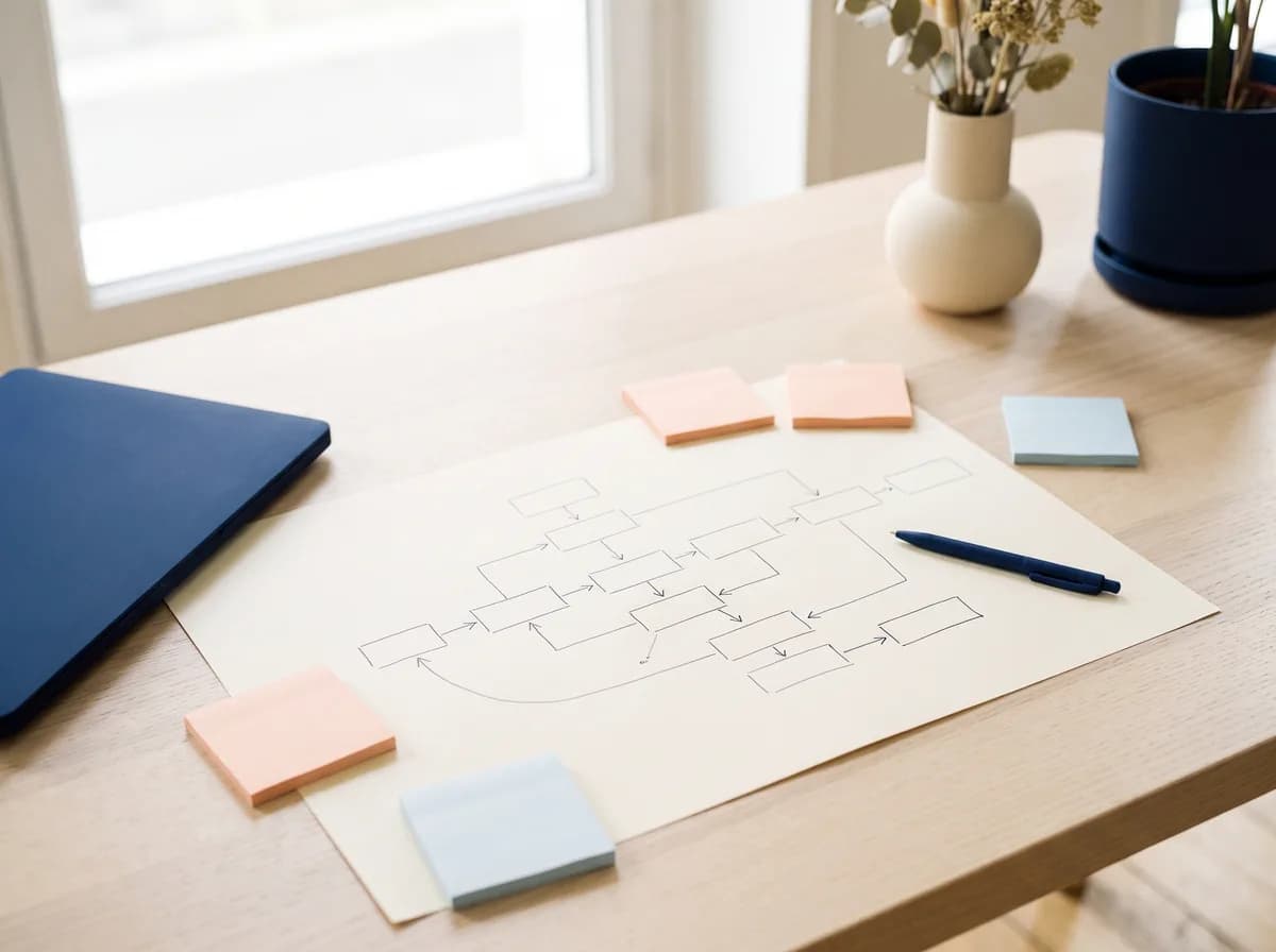 Un plan de processus dessiné à la main, couvert de sticky notes, posé sur un bureau clair