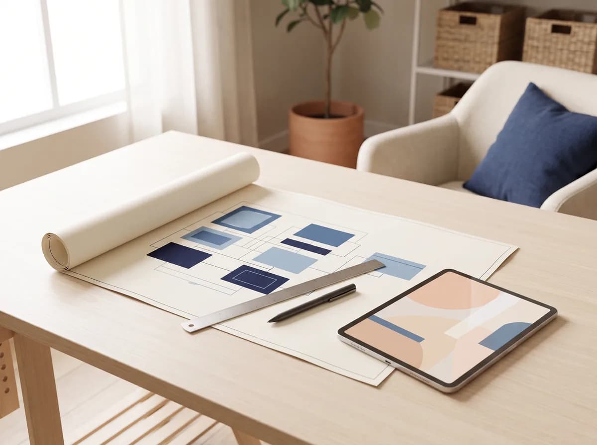 Un schéma d'architecture déplié sur une table, une règle et un stylo posés dessus