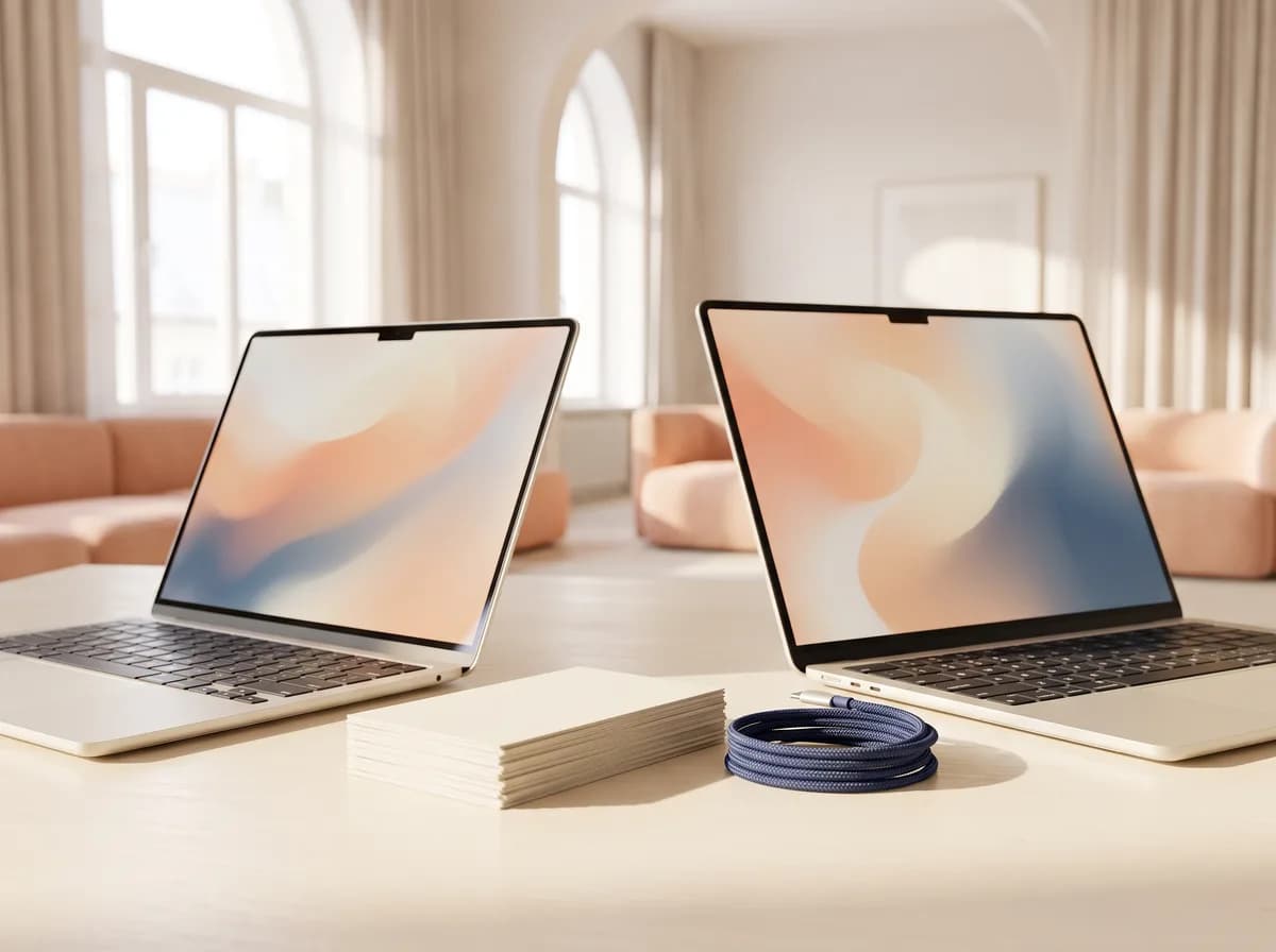 Deux ordinateurs portables face à face sur un bureau, des flux abstraits à l'écran